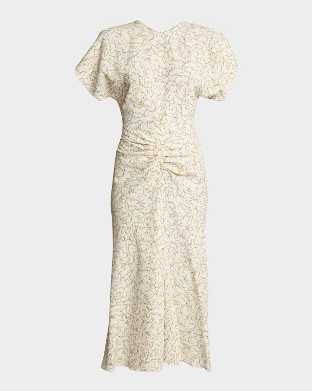 Gathered-Waist Short-Sleeve Ankle Dress